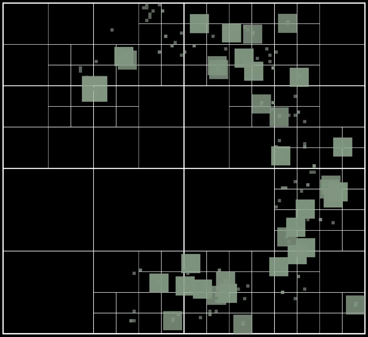 Visual representation of a quad-tree. The space gets divided into four subsections if there are too many items within its boundaries. Green rectangles represent the boundaries of the game objects.